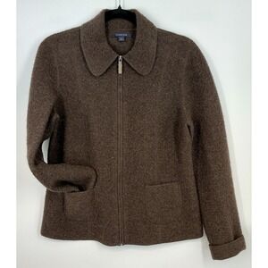 Lands End Brown Wool M Jacket Zip Round Collar Patch Pocket Academia Grandpacore
